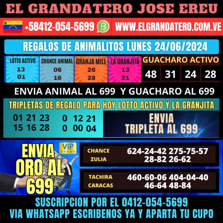 DATOS DE LOTERIAS Y ANIMALITOS FIJOS LUNES 24/06/2024 ELGRANDATERO JOSE EREU